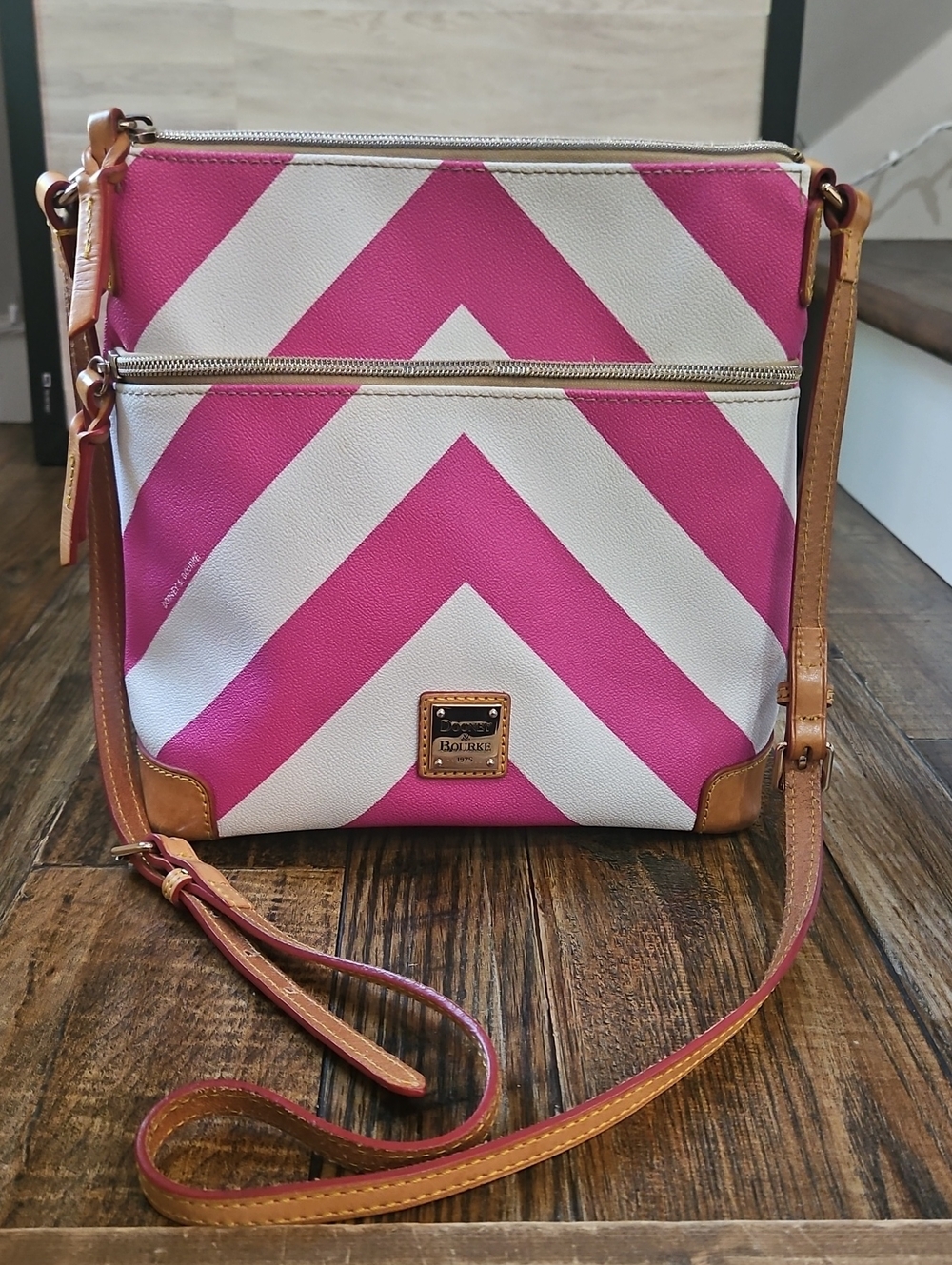 Dooney & Bourke Hot Pink and White Chevron Crossbody Purse(10.5" H X 10" W)